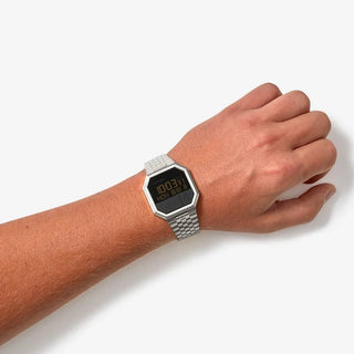 Nixon Re-Run Black Watch, Vintage-inspired Re-Run digital watch in Silver and black.