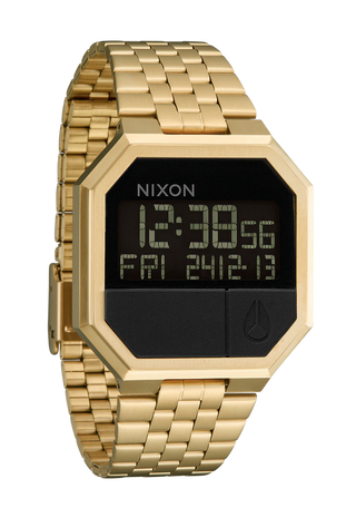 Nixon Re-Run All Gold digital watch with gold stainless steel bracelet and retro LCD display.