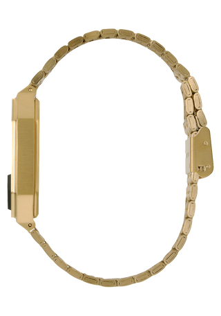 Nixon Re-Run All Gold digital watch with gold stainless steel bracelet and retro LCD display.