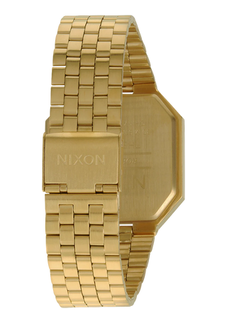Nixon Re-Run All Gold digital watch with gold stainless steel bracelet and retro LCD display.