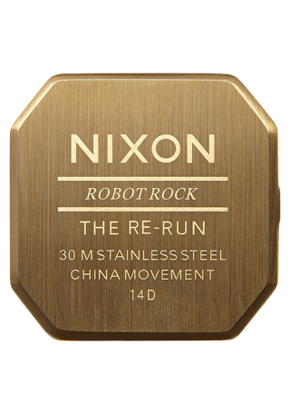 Nixon Re-Run All Gold digital watch with gold stainless steel bracelet and retro LCD display.