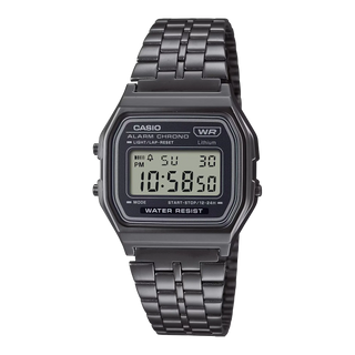Black Casio digital watch with metal strap on a white background