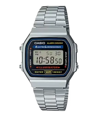 Casio A168W-1 Vintage Silver Watch, durable, stylish, stainless steel band, fluorescent display, perfect for everyday wear.