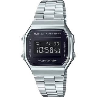 Casio Vintage Silver Watch A168WEM-1VT, mirror finish, stainless steel band, stopwatch, electro-luminescent backlight, sleek and functional.