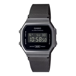 Casio Vintage Black Watch A168WEMB-1BVT, monochromatic design, gunmetal case, black ion-plated mesh band, stylish and functional.