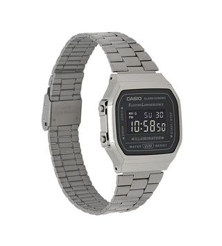 Silver Casio digital watch with metal strap on a white background