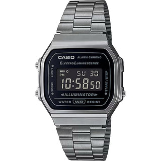 Casio Vintage A168WGG-1BVT watch in gunmetal with EL backlight, stopwatch, and water resistance.