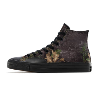 Converse CONS Chuck Taylor All Star Pro "Real Tree" in Realtree Apex Black — printed woven canvas upper with CX cushioned sock liner, elastic tongue bands, vulcanized rubber overlay, and CONS traction outsole