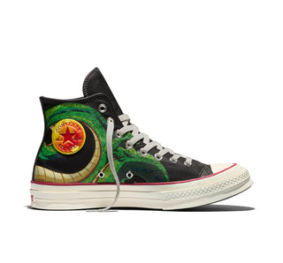 Converse Chuck 70 HI Dragon Ball Z in Black/Cyber/Yellow/Orange — leather upper with Shenron graphics, custom ankle patches, and cobranded details