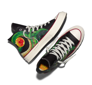 Converse Chuck 70 HI Dragon Ball Z in Black/Cyber/Yellow/Orange — leather upper with Shenron graphics, custom ankle patches, and cobranded details