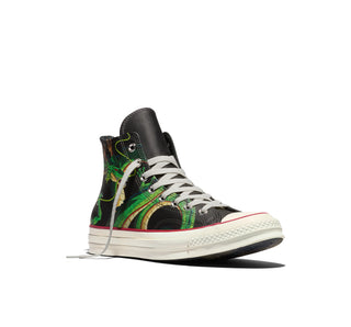 Converse Chuck 70 HI Dragon Ball Z in Black/Cyber/Yellow/Orange — leather upper with Shenron graphics, custom ankle patches, and cobranded details
