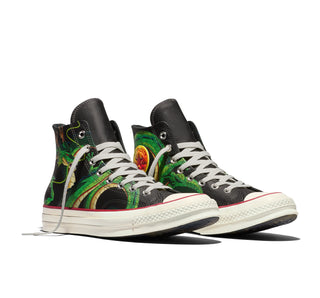 Converse Chuck 70 HI Dragon Ball Z in Black/Cyber/Yellow/Orange — leather upper with Shenron graphics, custom ankle patches, and cobranded details