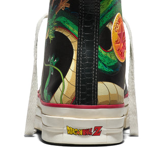 Converse Chuck 70 HI Dragon Ball Z in Black/Cyber/Yellow/Orange — leather upper with Shenron graphics, custom ankle patches, and cobranded details