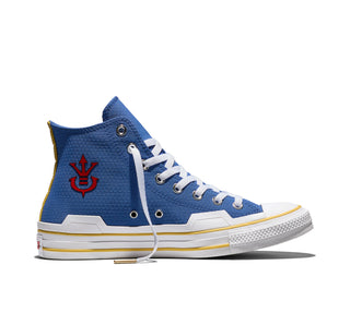 Converse Dragon Ball Z Chuck Taylor All Star HI Vegeta in Delft/High Risk Red/Yellow — textile upper with Scouter charm, Saiyan ankle patch, and cobranded details