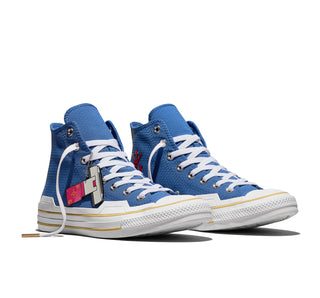 Converse Dragon Ball Z Chuck Taylor All Star HI Vegeta in Delft/High Risk Red/Yellow — textile upper with Scouter charm, Saiyan ankle patch, and cobranded details
