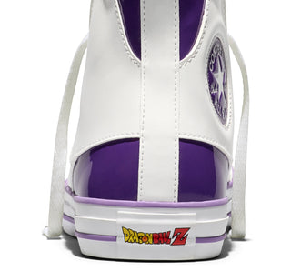 Converse Dragon Ball Z Chuck Taylor All Star Frieza in Lucent White/Tillandsia Purple — mixed material upper with limited-edition tongue, color-popped outsole, and cobranded details