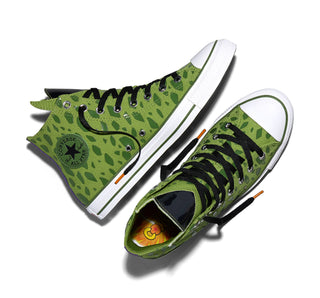 Converse Dragon Ball Z Chuck Taylor All Star Cell in Peridot/Garden Green/White — premium canvas upper with Cell pattern overlays, limited-edition tongue, and cobranded details