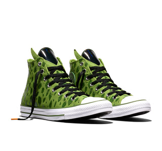 Converse Dragon Ball Z Chuck Taylor All Star Cell in Peridot/Garden Green/White — premium canvas upper with Cell pattern overlays, limited-edition tongue, and cobranded details