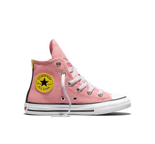 Converse Dragon Ball Z Chuck Taylor All Star Majin Buu Kids in Quartz Pink/Black/Cyber Yellow — canvas upper with Majin Buu graphics, color-popped outsole, and custom ankle patches
