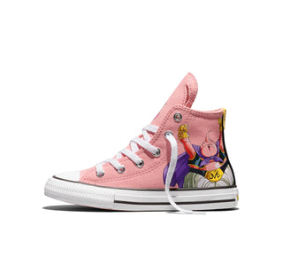 Converse Dragon Ball Z Chuck Taylor All Star Majin Buu Kids in Quartz Pink/Black/Cyber Yellow — canvas upper with Majin Buu graphics, color-popped outsole, and custom ankle patches