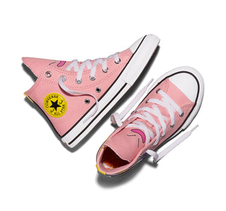 Converse Dragon Ball Z Chuck Taylor All Star Majin Buu Kids in Quartz Pink/Black/Cyber Yellow — canvas upper with Majin Buu graphics, color-popped outsole, and custom ankle patches