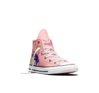 Converse Dragon Ball Z Chuck Taylor All Star Majin Buu Kids in Quartz Pink/Black/Cyber Yellow — canvas upper with Majin Buu graphics, color-popped outsole, and custom ankle patches
