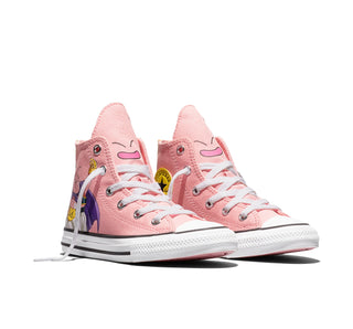 Converse Dragon Ball Z Chuck Taylor All Star Majin Buu Kids in Quartz Pink/Black/Cyber Yellow — canvas upper with Majin Buu graphics, color-popped outsole, and custom ankle patches