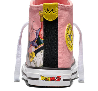 Converse Dragon Ball Z Chuck Taylor All Star Majin Buu Kids in Quartz Pink/Black/Cyber Yellow — canvas upper with Majin Buu graphics, color-popped outsole, and custom ankle patches