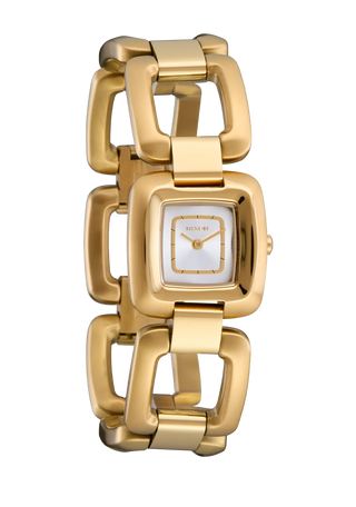 Nixon Sisi Watch in All Gold/Silver — 24mm stainless steel case with linked bracelet, tool-free extra link adjustment, Miyota quartz movement, and 100-meter water resistance