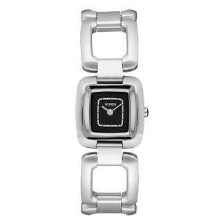 Nixon Sisi Watch in All Silver/Black — 24mm stainless steel case with linked bracelet, tool-free extra link adjustment, Miyota quartz movement, and 100-meter water resistance