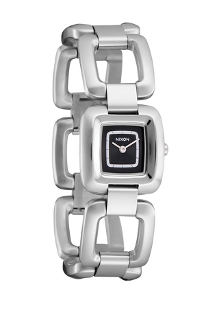Nixon Sisi Watch in All Silver/Black — 24mm stainless steel case with linked bracelet, tool-free extra link adjustment, Miyota quartz movement, and 100-meter water resistance