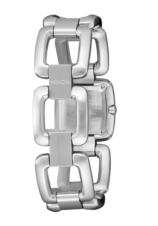 Nixon Sisi Watch in All Silver/Black — 24mm stainless steel case with linked bracelet, tool-free extra link adjustment, Miyota quartz movement, and 100-meter water resistance