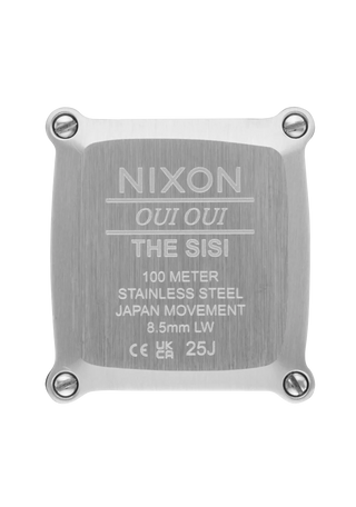 Nixon Sisi Watch in All Silver/Black — 24mm stainless steel case with linked bracelet, tool-free extra link adjustment, Miyota quartz movement, and 100-meter water resistance