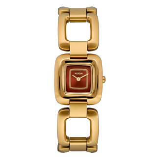 Nixon Sisi Watch in All Gold/Cognac — 24mm stainless steel case with linked bracelet, tool-free extra link adjustment, Miyota quartz movement, and 100-meter water resistance