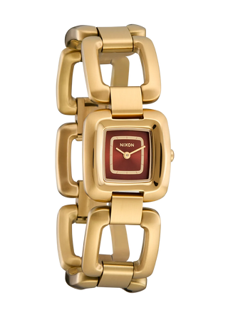Nixon Sisi Watch in All Gold/Cognac — 24mm stainless steel case with linked bracelet, tool-free extra link adjustment, Miyota quartz movement, and 100-meter water resistance