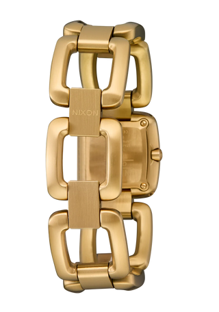 Nixon Sisi Watch in All Gold/Cognac — 24mm stainless steel case with linked bracelet, tool-free extra link adjustment, Miyota quartz movement, and 100-meter water resistance