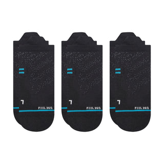 Three-pack of Stance Performance Tab Socks in black with moisture control, medium cushioning, and durable design.