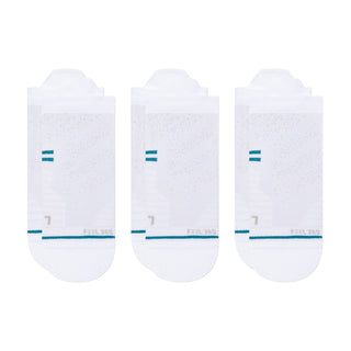 Image: A 3-pack of Stance Atheltic White performance tab socks, designed for active individuals.