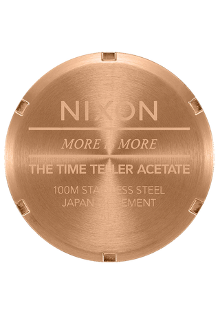 Nixon Time Teller Acetate Rose Gold/Pink watch with handcrafted acetate bracelet and rose gold analog dial.