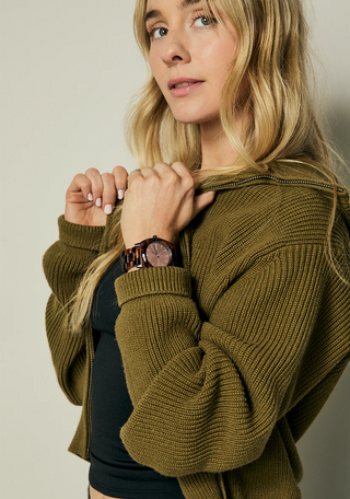Nixon Time Teller Acetate Tortoise/Oxblood watch with handcrafted acetate bracelet and deep oxblood analog dial.