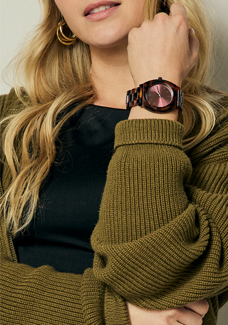 Nixon Time Teller Acetate Tortoise/Oxblood watch with handcrafted acetate bracelet and deep oxblood analog dial.
