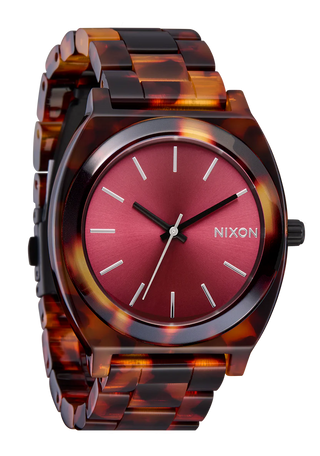 Nixon Time Teller Acetate Tortoise/Oxblood watch with handcrafted acetate bracelet and deep oxblood analog dial.