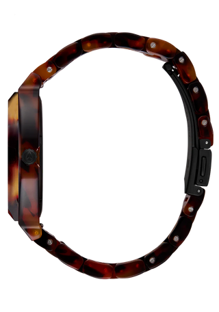 Nixon Time Teller Acetate Tortoise/Oxblood watch with handcrafted acetate bracelet and deep oxblood analog dial.