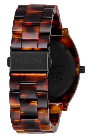 Nixon Time Teller Acetate Tortoise/Oxblood watch with handcrafted acetate bracelet and deep oxblood analog dial.