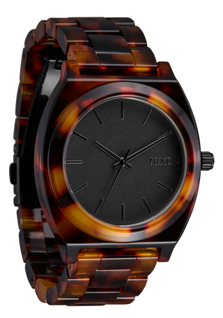 Nixon Time Teller Acetate Tortoise watch with handcrafted acetate bracelet and minimalist analog dial.