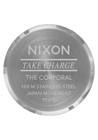Nixon Corporal Stainless Steel watch, Silver/Gunmetal dial, military indices, faceted bracelet, and raised bezel.