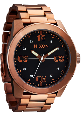 Nixon Corporal Chocolate/Dark Roast analog watch with stainless steel bracelet and rugged brown field-style dial.