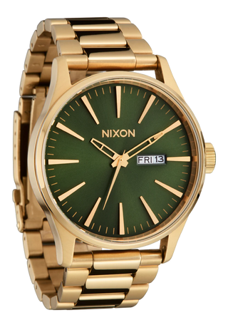 Nixon Sentry Gold/Green Sunray analog watch with gold stainless steel bracelet and green sunray dial.