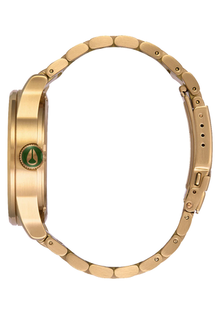 Nixon Sentry Gold/Green Sunray analog watch with gold stainless steel bracelet and green sunray dial.
