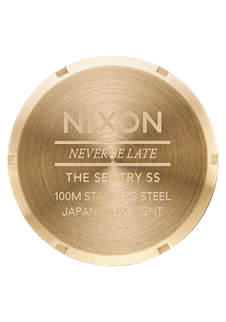 Nixon Sentry Gold/Green Sunray analog watch with gold stainless steel bracelet and green sunray dial.
